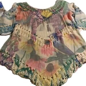 Anthropologie Dor Dor Couture pastel rainbow knit crochet top Floral Lg Womens